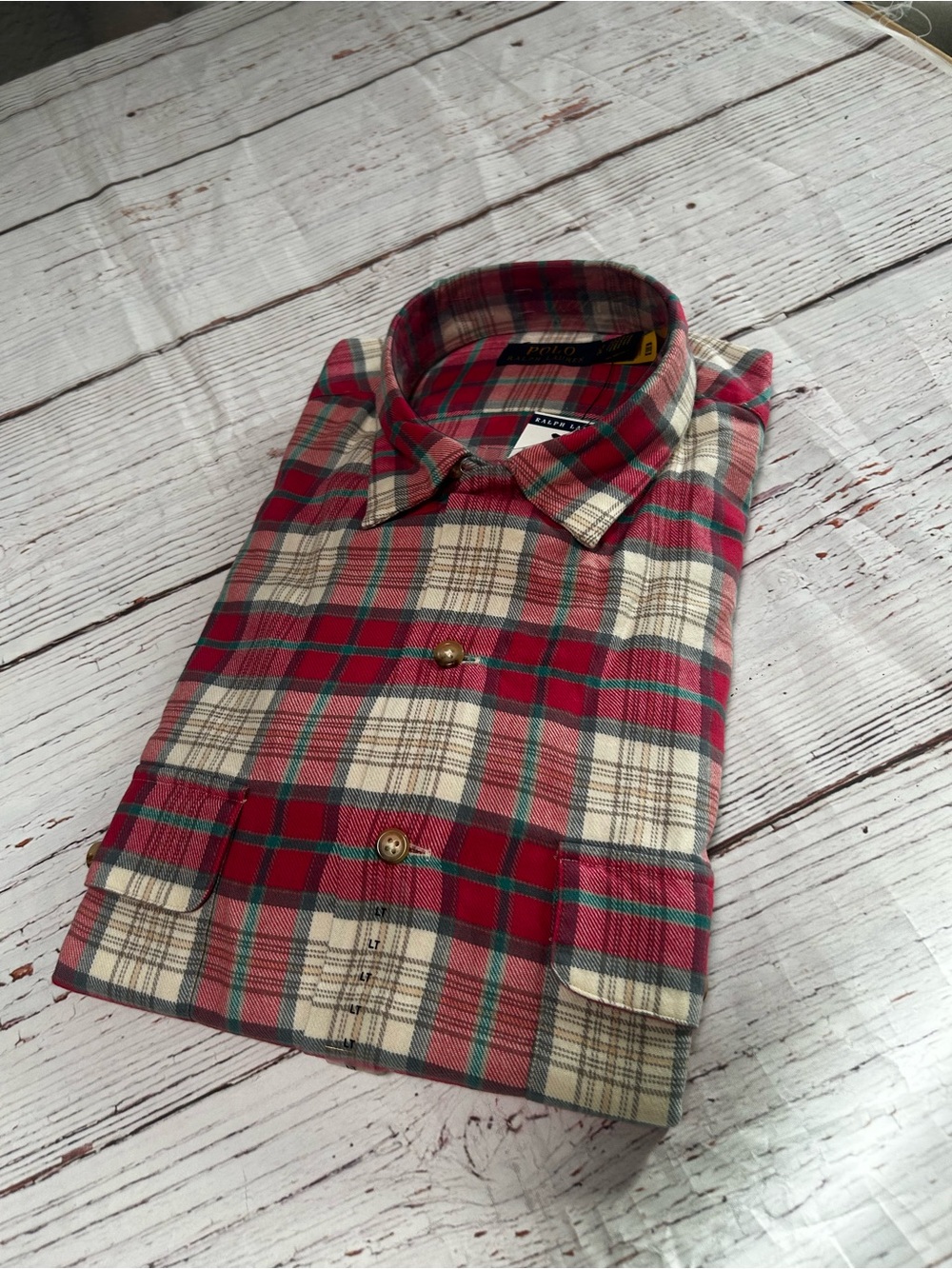 Ralph Lauren Red and Cream Plaid Button-Down Flannel Shirt Sz LT